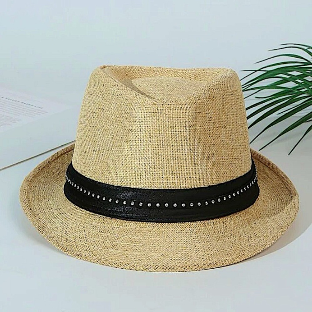 FEDORA STRAW BELTED STUD MINIMALIST HAT - Picture 3 of 4